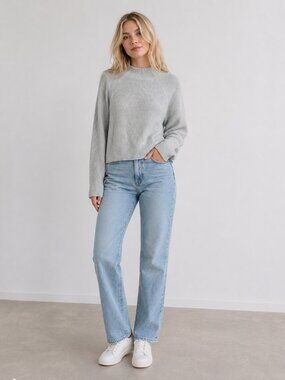 Eileen Fisher Waffle Knit Cropped Sweater Mock Neck Gray Small #A2075